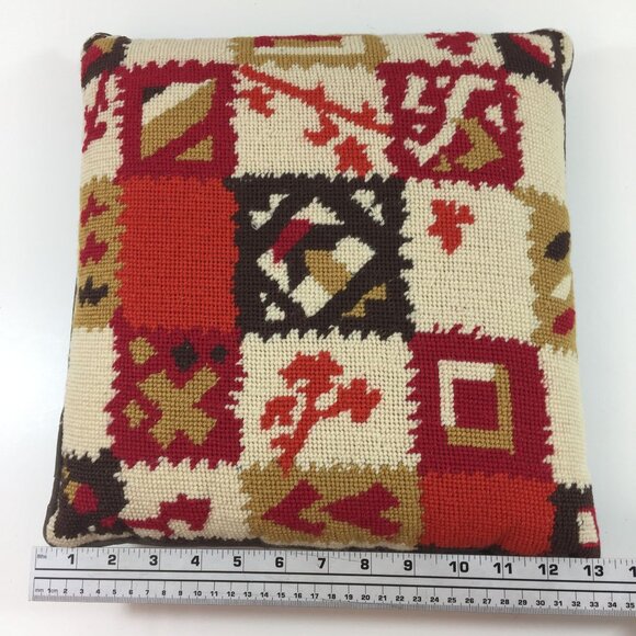 Vintage Handmade Needlepoint Pillow Home Decor Brown Yellow Orange Floral 13" - Picture 7 of 7